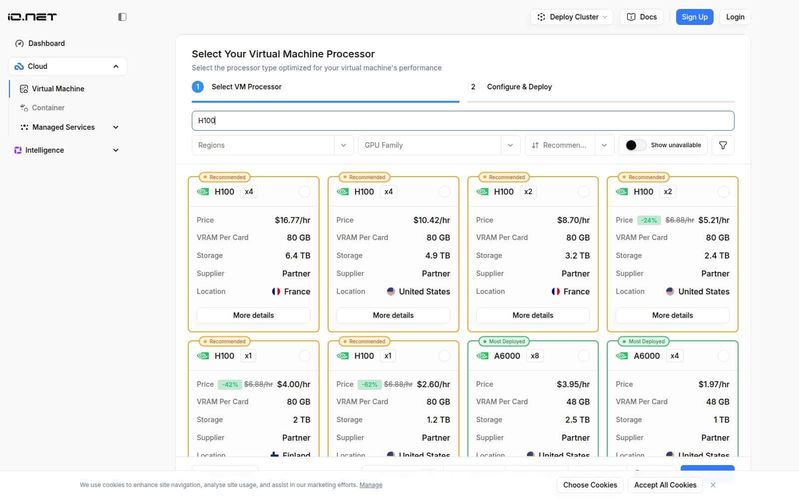 io.net virtual machine marketplace showing H100 listings: 4x H100 at $16.77 and $10.42 per hour, 2x at $8.70 and $5.21, 1x at $4.00 and $2.60, plus A6000 clusters, in France, the US and Finland.