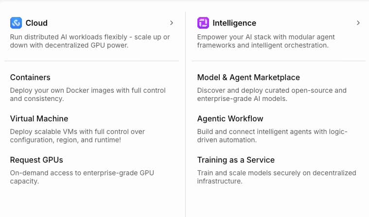 io.net product menu with two columns: Cloud (Containers, Virtual Machine, Request GPUs) and Intelligence (Model & Agent Marketplace, Agentic Workflow, Training as a Service).