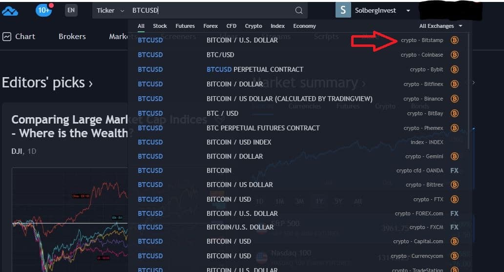 TradingView BTCUSD search results with an arrow pointing to the Bitstamp listing