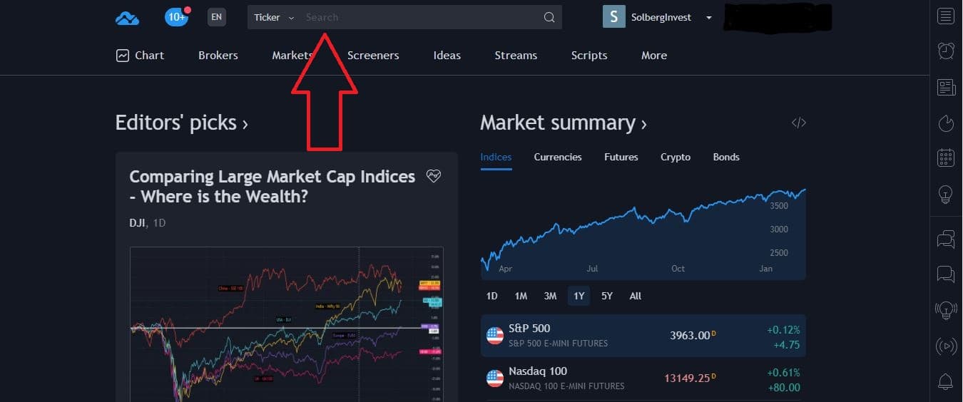 TradingView home screen with an arrow pointing to the ticker search box