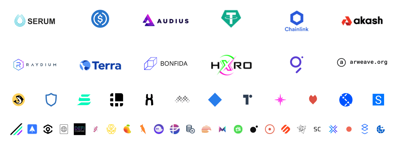 Logos of applications and partner projects in the Solana ecosystem
