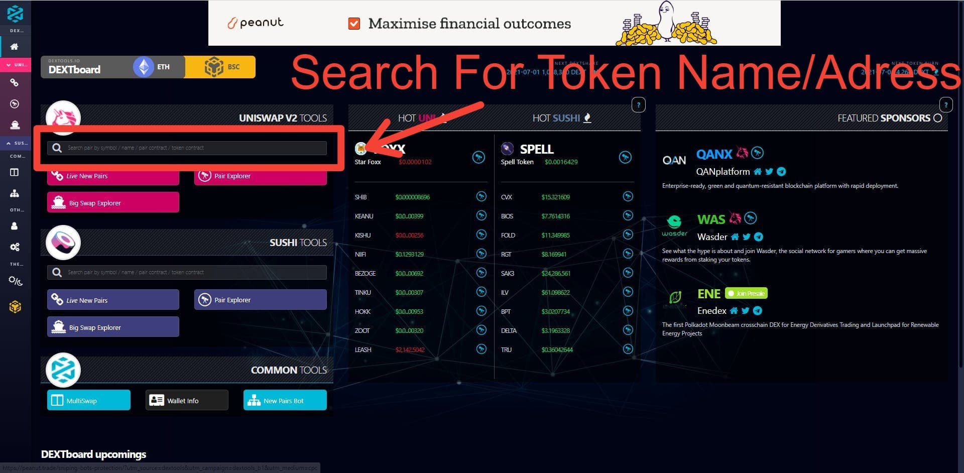 DEXTools search field for finding a token by name or contract address