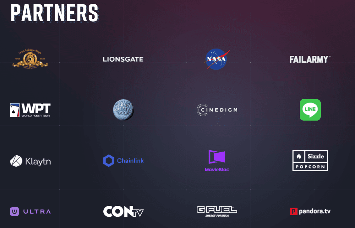 Theta Network partner logos including MGM, Lionsgate, NASA, Chainlink, LINE and World Poker Tour