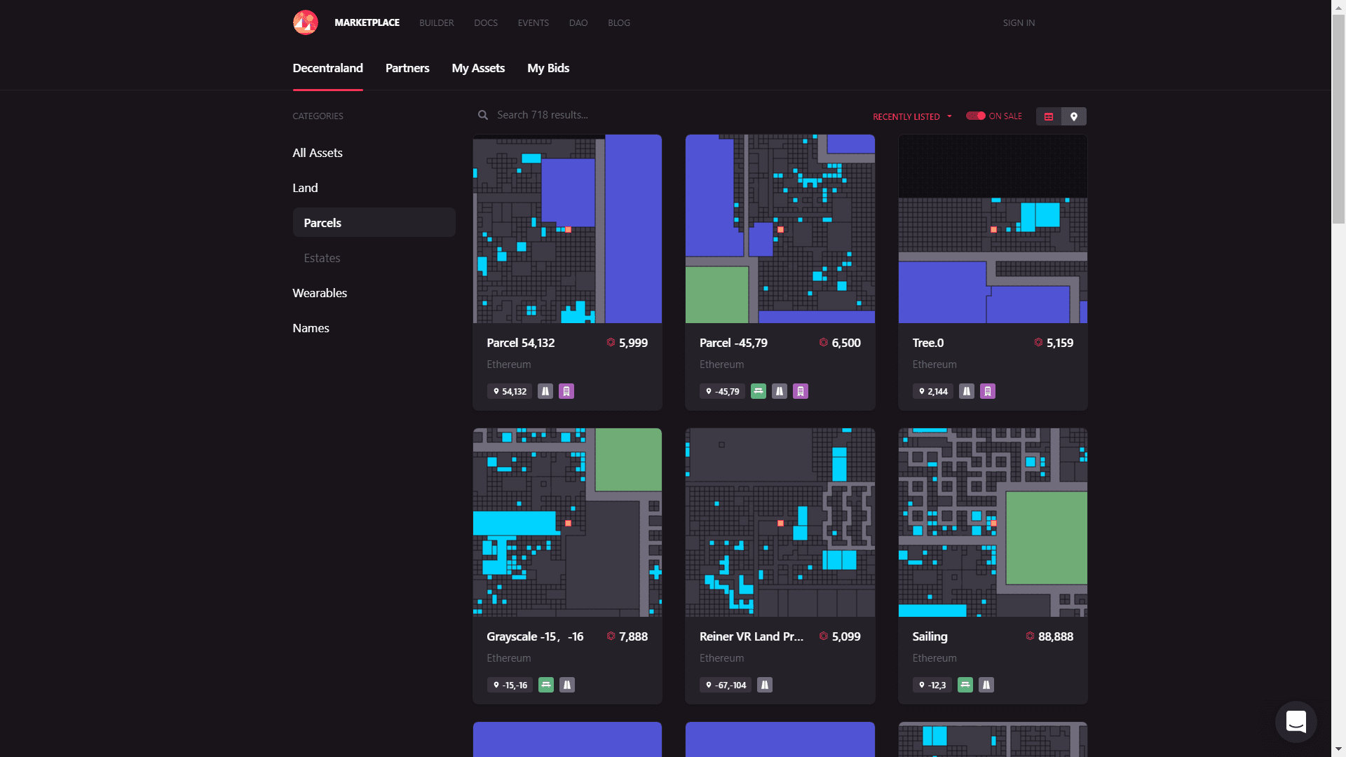 Decentraland Marketplace showing virtual-land parcel listings