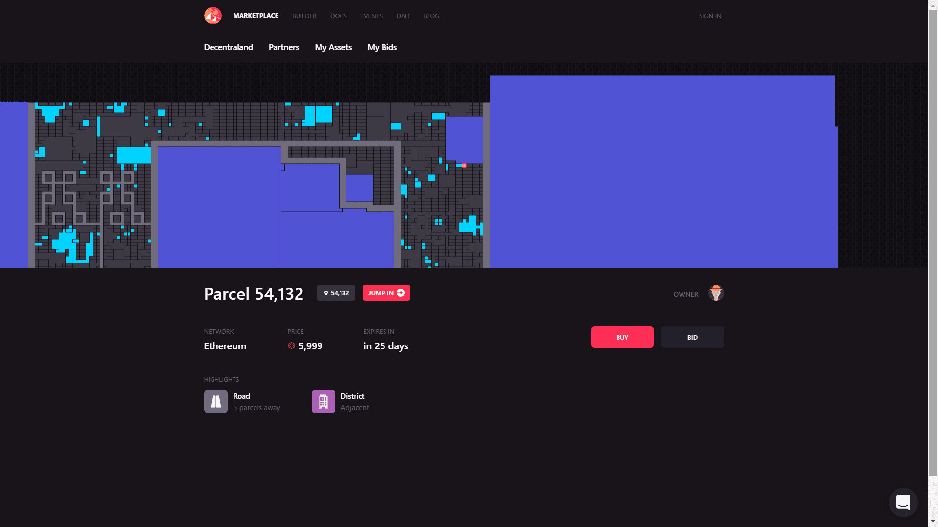 Decentraland Marketplace listing for parcel 54,132 with a price of 5,999