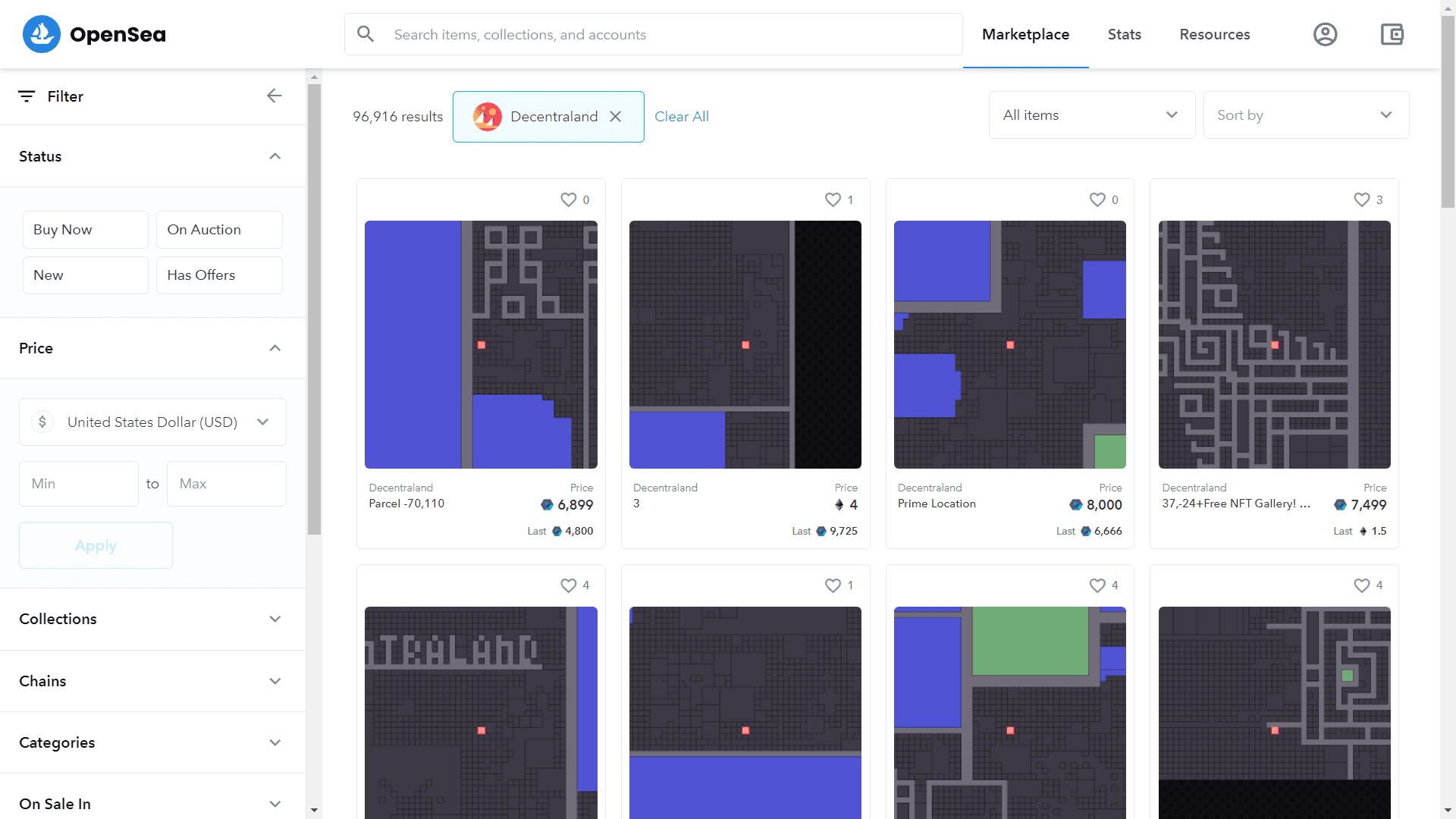 OpenSea marketplace filtered to show Decentraland parcel listings