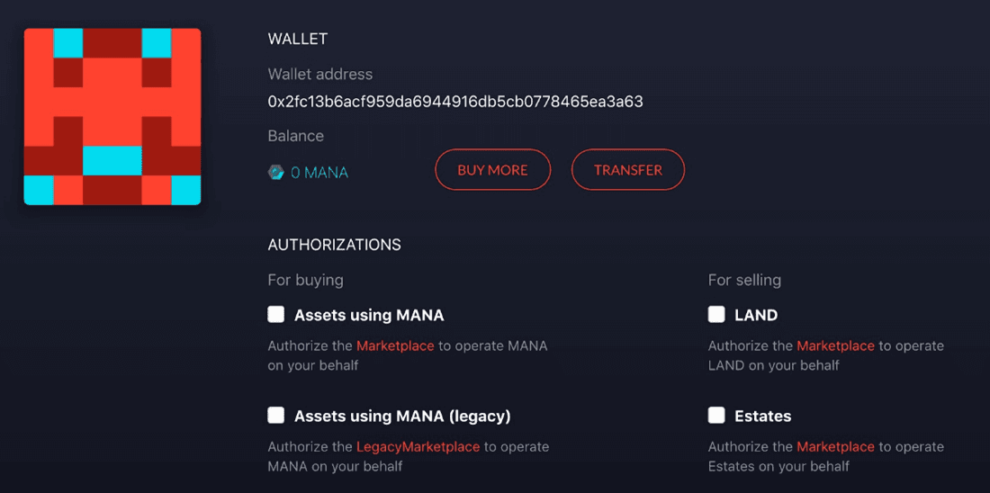 Decentraland wallet screen for authorizing MANA, LAND, estate, and marketplace transactions