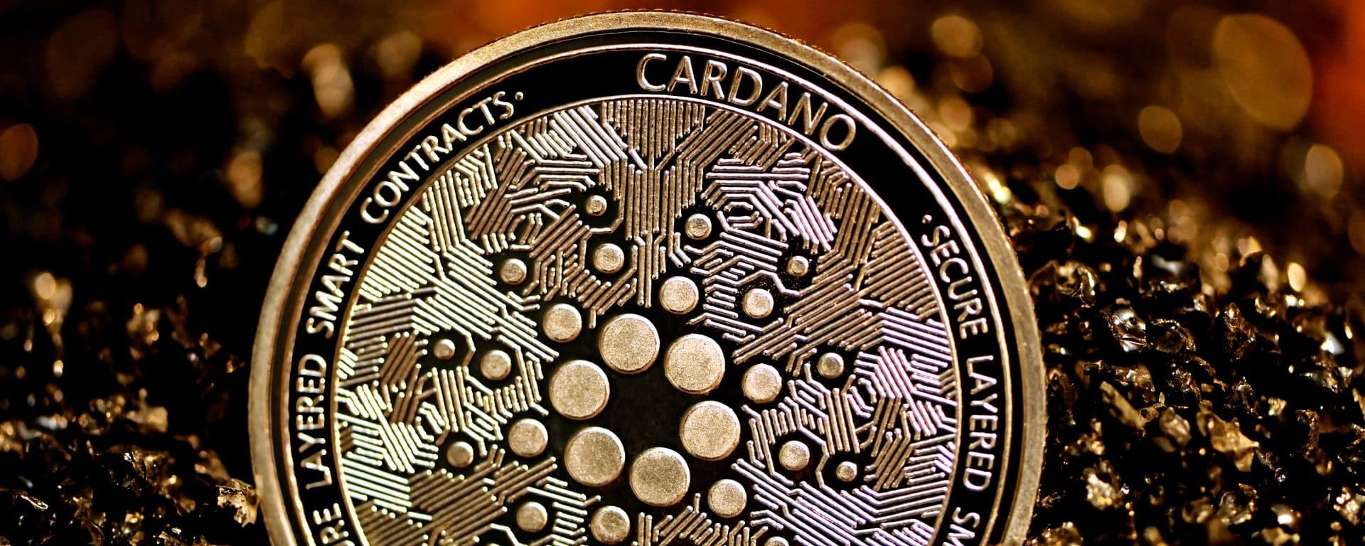 Close-up of a gold-colored Cardano token