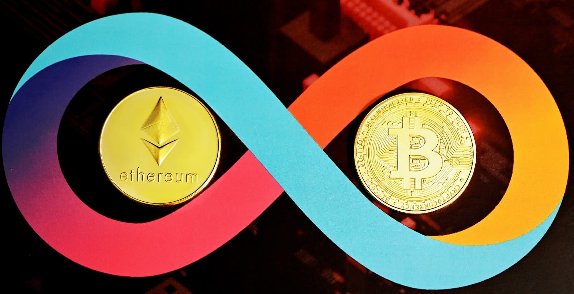 Ethereum and Bitcoin tokens inside a colorful infinity-shaped loop
