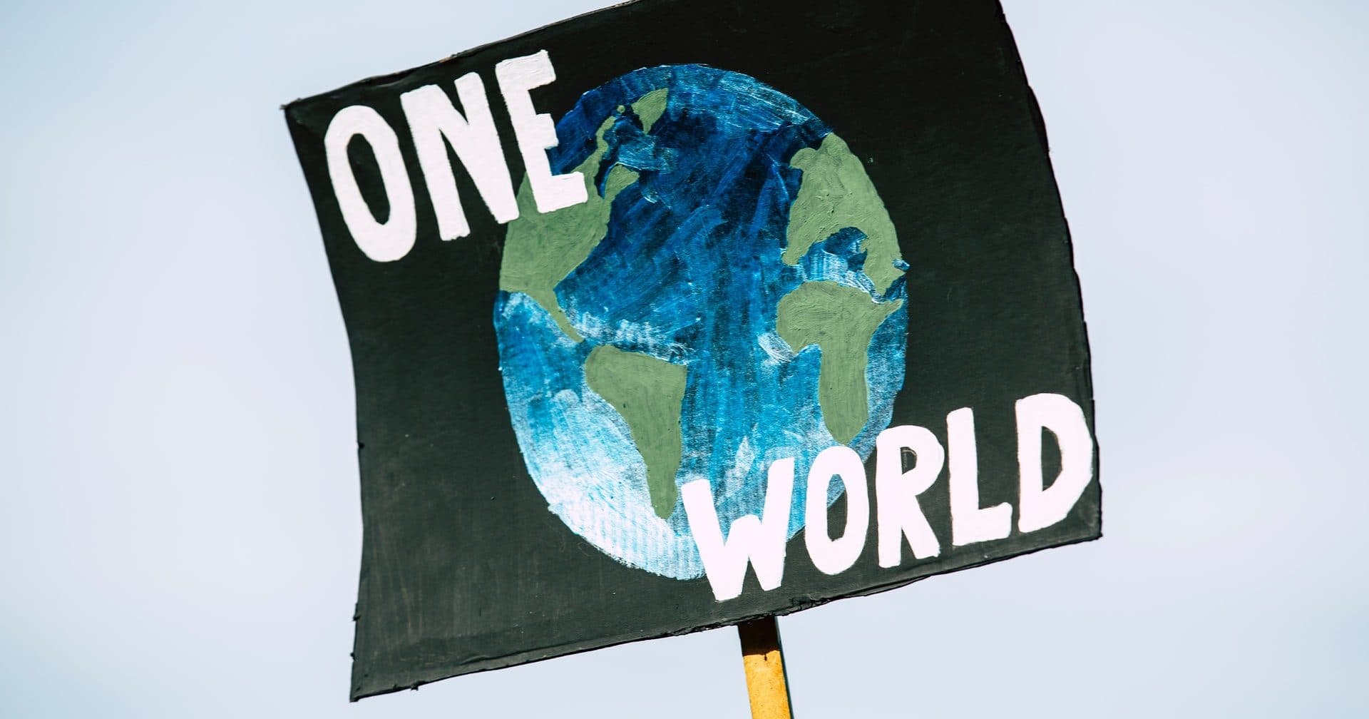Protest sign with a painted Earth and the words One World