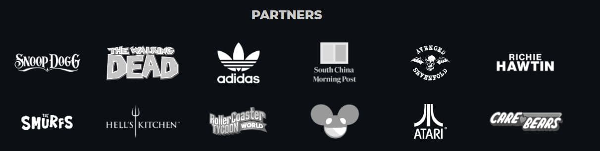 The Sandbox partner logos including Snoop Dogg, The Walking Dead, Adidas, Atari, Deadmau5 and The Smurfs