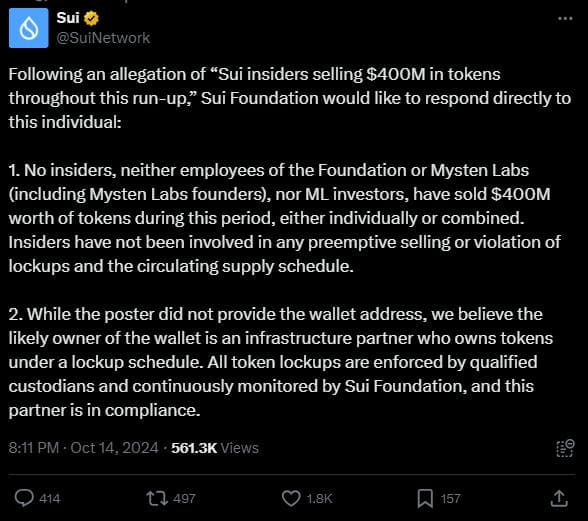 Sui Foundation post disputing an allegation that insiders sold $400 million in tokens