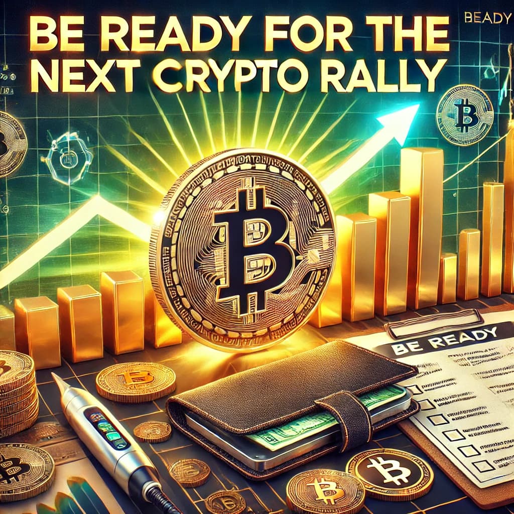 Illustration of Bitcoin coins, an upward chart, and a checklist for the next crypto rally
