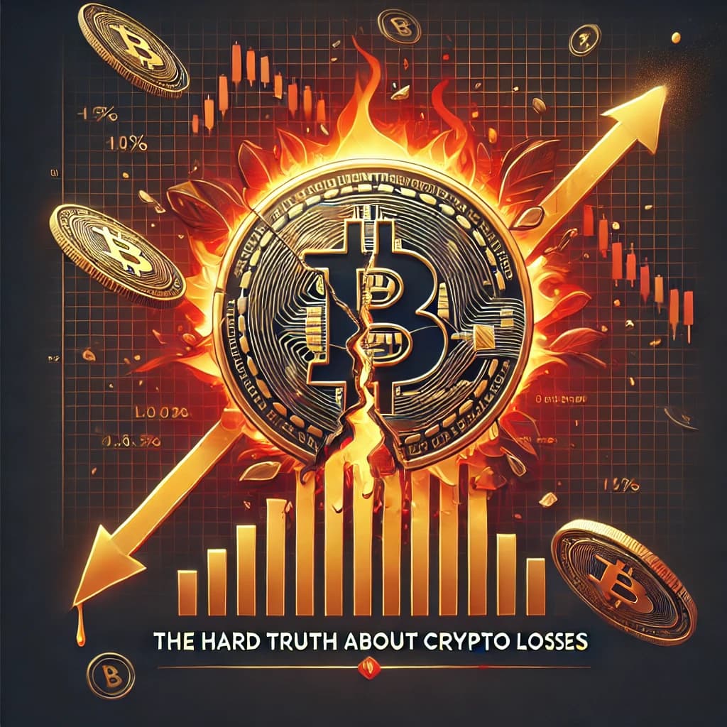 Illustration of a cracked Bitcoin coin amid price charts and flames