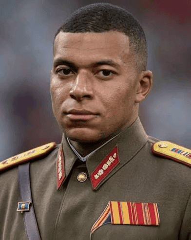 Meme image of Kylian Mbappé edited into a military uniform with medals.