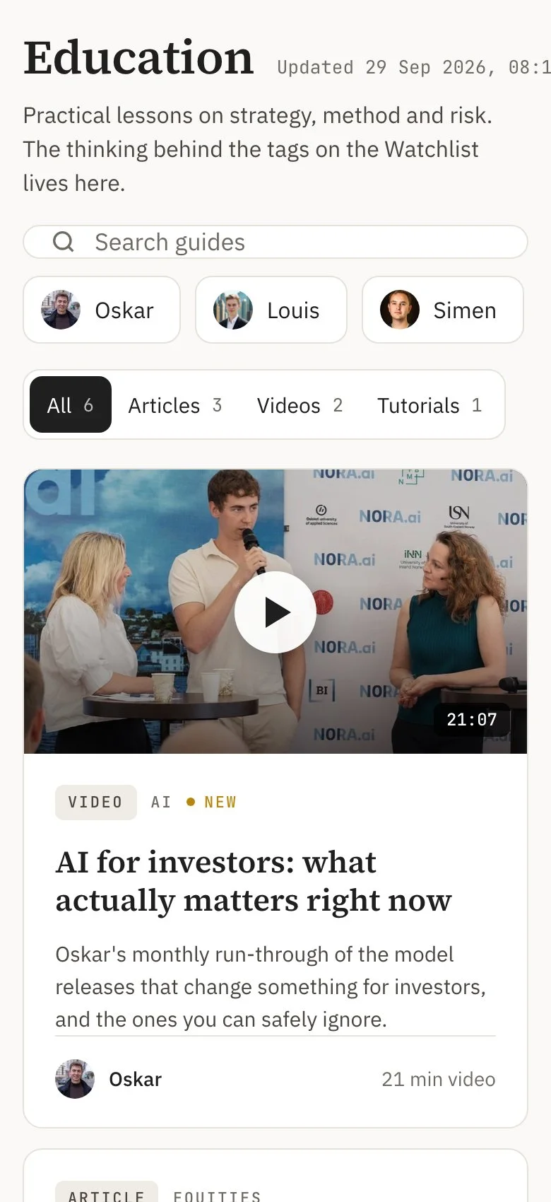 The Education room: guides filtered by type and author, with a video from Oskar on AI for investors, Simen's metrics guide, an interactive stablecoin-yield tutorial, and Simen's video on reading a quarterly report.