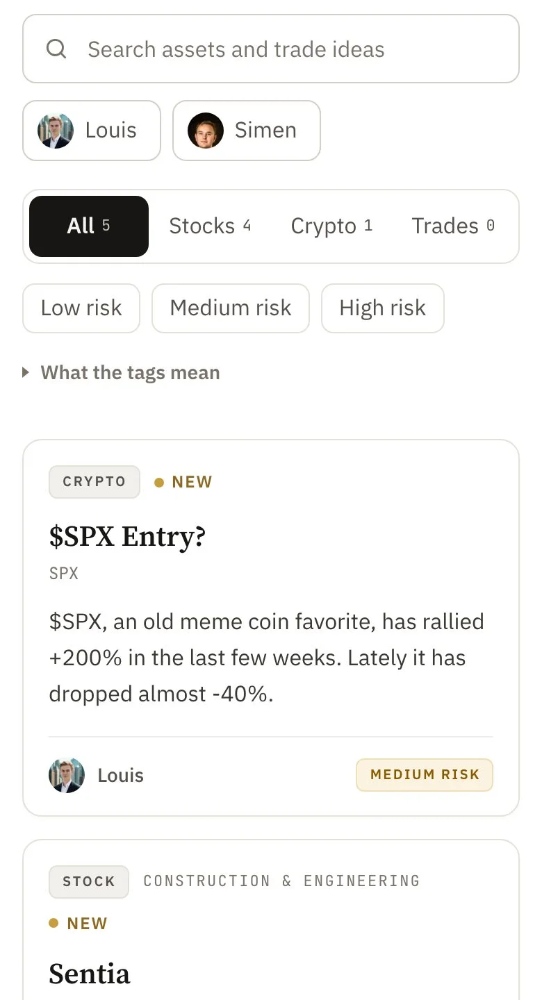 The Watchlist: Louis on $SPX, and Simen on Sentia, Hacksaw, On Holding and Link Mobility, each with the first lines of the case, the author and a risk tag.