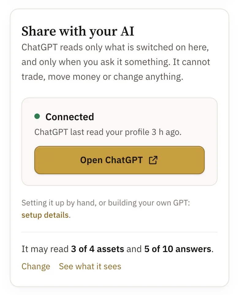 The sharing step: ChatGPT connected, it last read the profile three hours ago, and it may read three of four assets and five of ten answers.